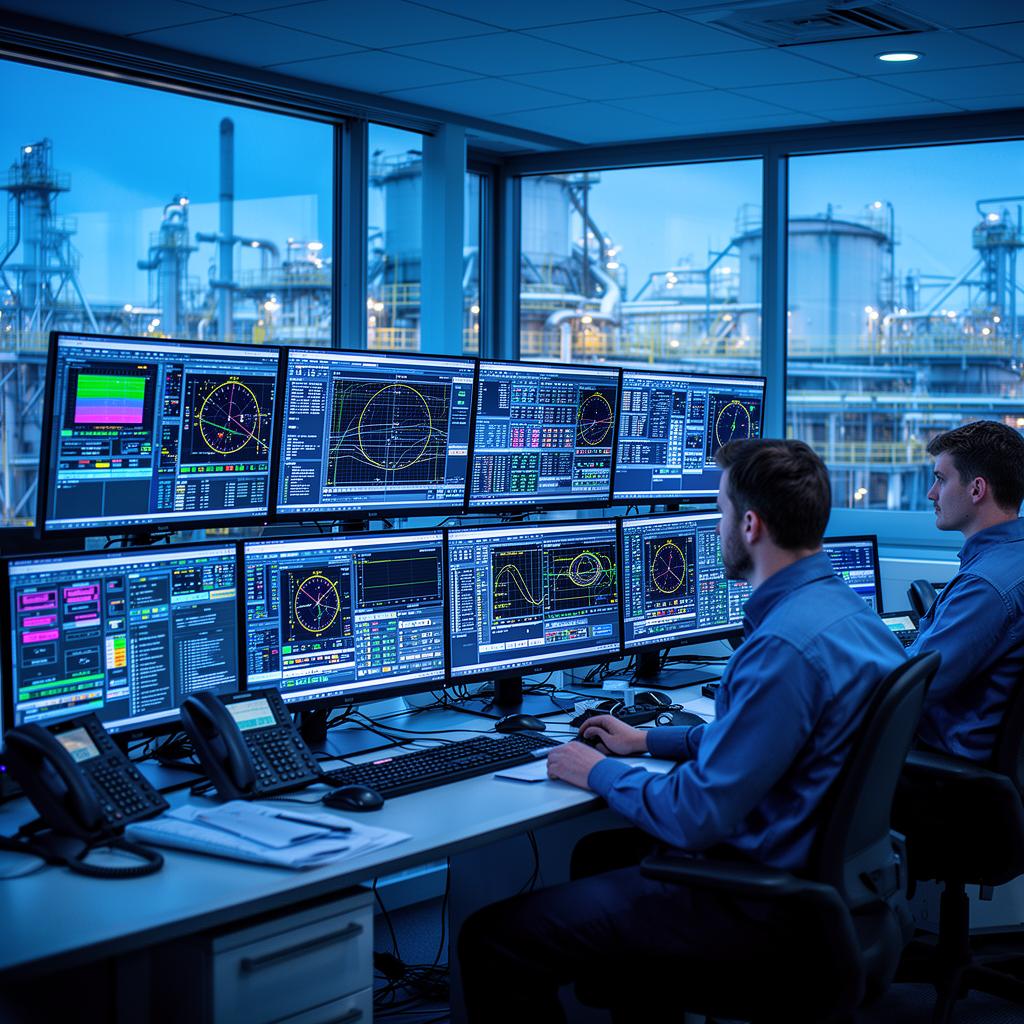 Sala de controle monitorando sistemas de tank gauging em terminal de petróleo