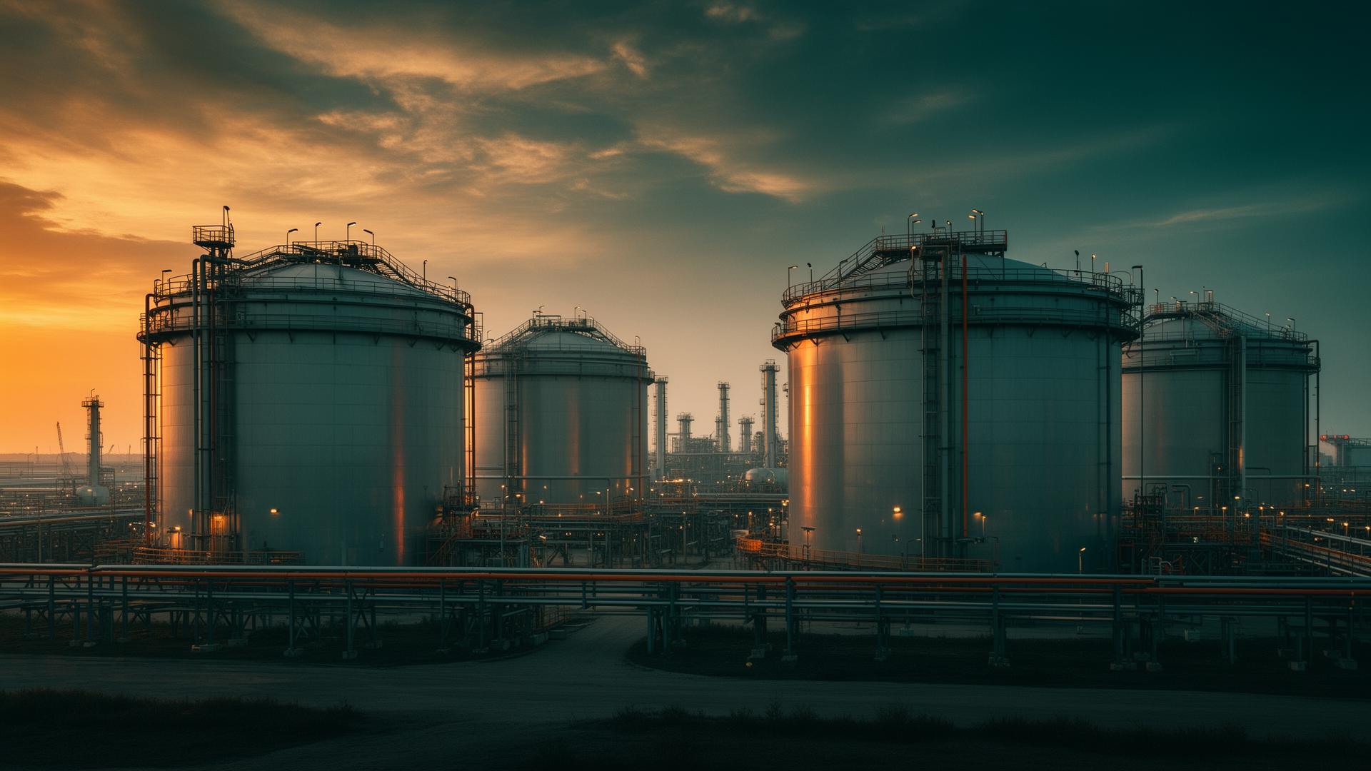 Tanques industriais ao pôr do sol